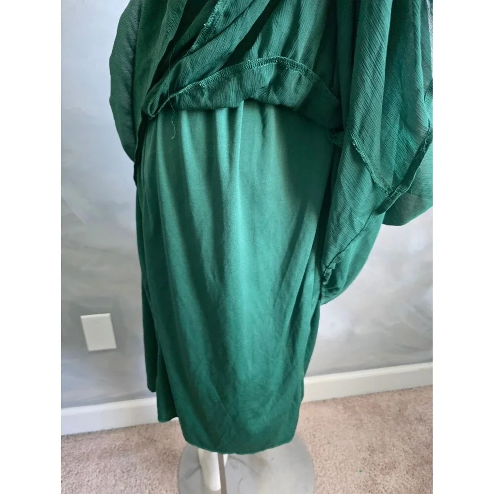 Women's Sleeveless Deep Green V Neck Dress Ruffle Tiered Midi Sz L Babydoll - Picture 8 of 9